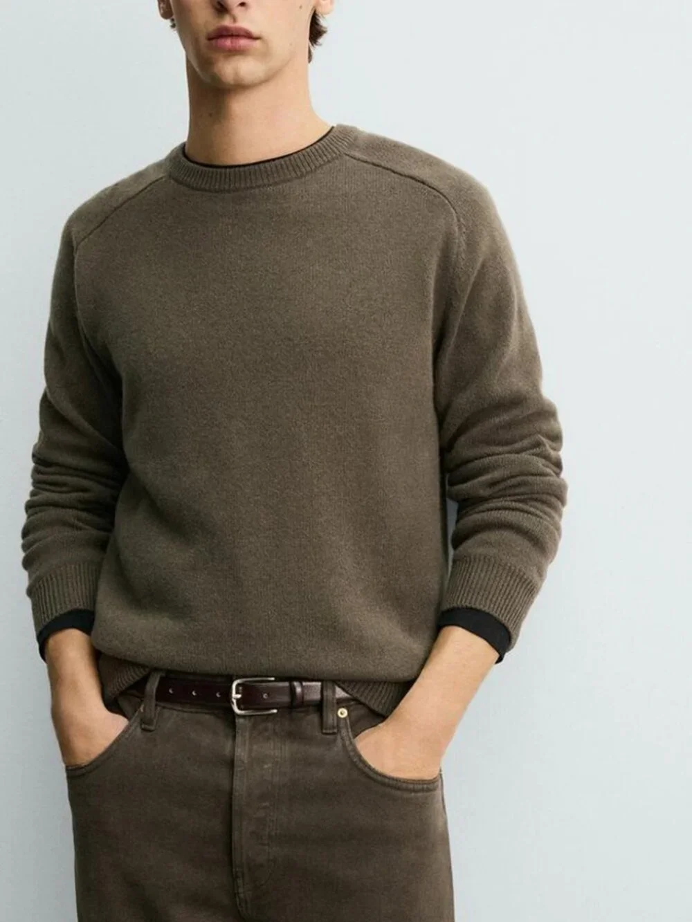 NEW Zara Men's Regular Fit Wool Cashmere Blend Crewneck Sweater Jumper Olive $99